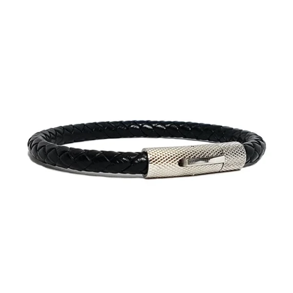 Black men's bracelet made of braided leather - stainless steel buckle