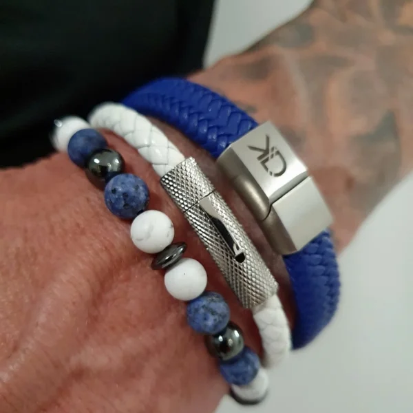 Jasper - Howlit - Blue - White Leather - Three-piece men's bracelet set