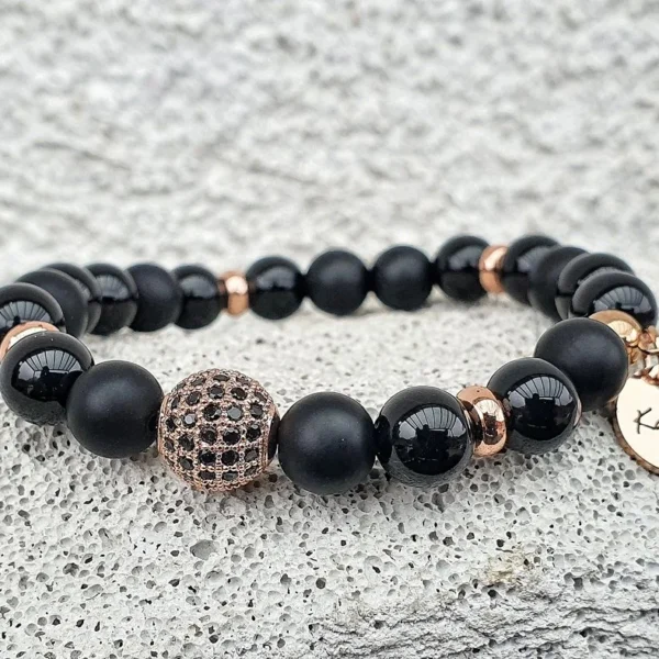 Zirkonová kulička Rose Gold - Onyx Mix - Dámský minerální náramek