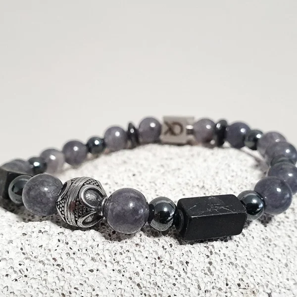 Ball ornament - gray jasper - hematite - men's bracelet