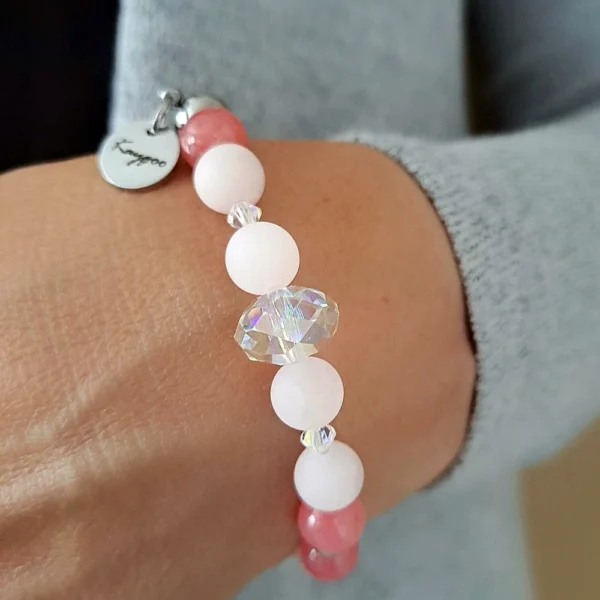 Křišťálová koule Preciosa - jahodový křemen - rose quartz - dámský minerální náramek