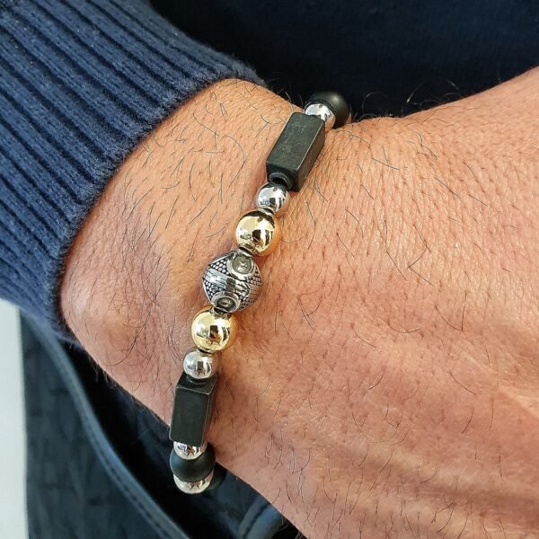 Ball ornament - onyx - gold hematite - men's bracelet