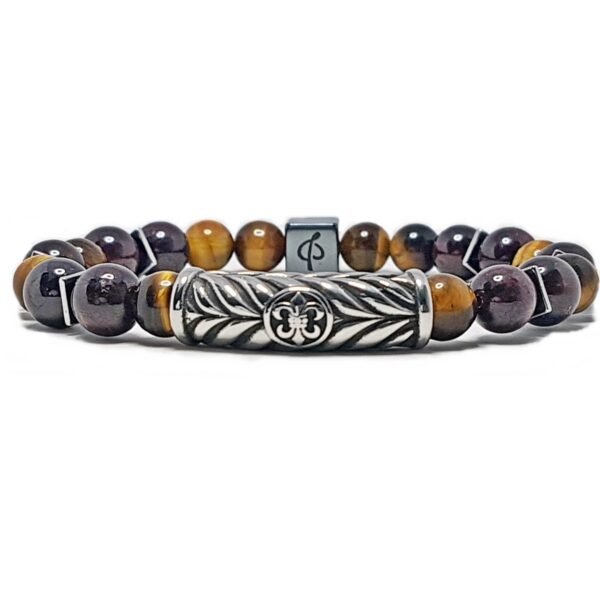 Long stainless steel ornament - brown and red tiger's eye - men's bracelet