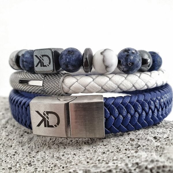 Jasper - Howlit - Blue - White Leather - Three-piece men's bracelet set