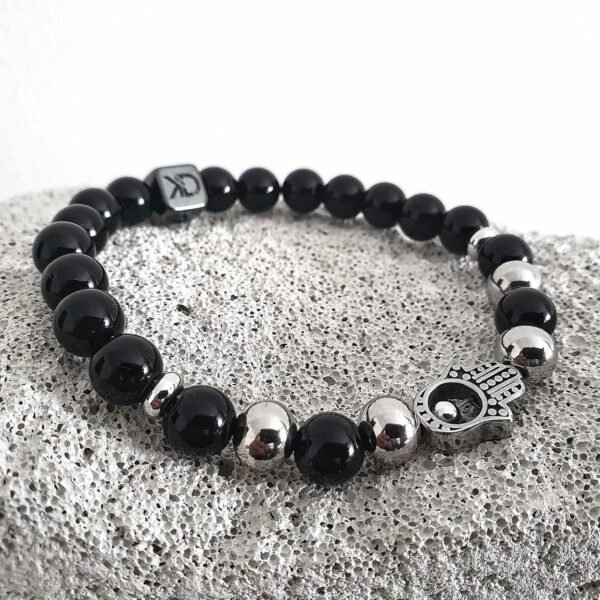 Stainless steel Hamsa hand ornament - onyx - men's bracelet