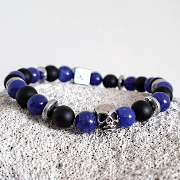 Stainless steel skull ornament - blue jade - leather bracelet set for men